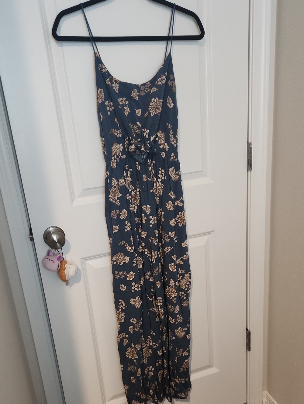 I Joah Blue Floral Spaghetti-Strap Jumpsuit with Cream Print
